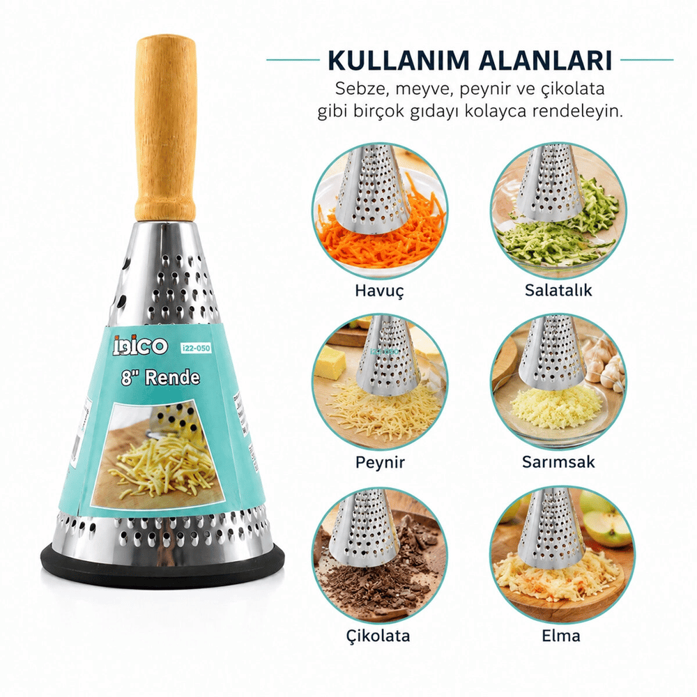 Huni Model Rende - 3 Bölümlü - Paslanmaz Çelik - Ahşap Bambu Saplı - Silikon Taban