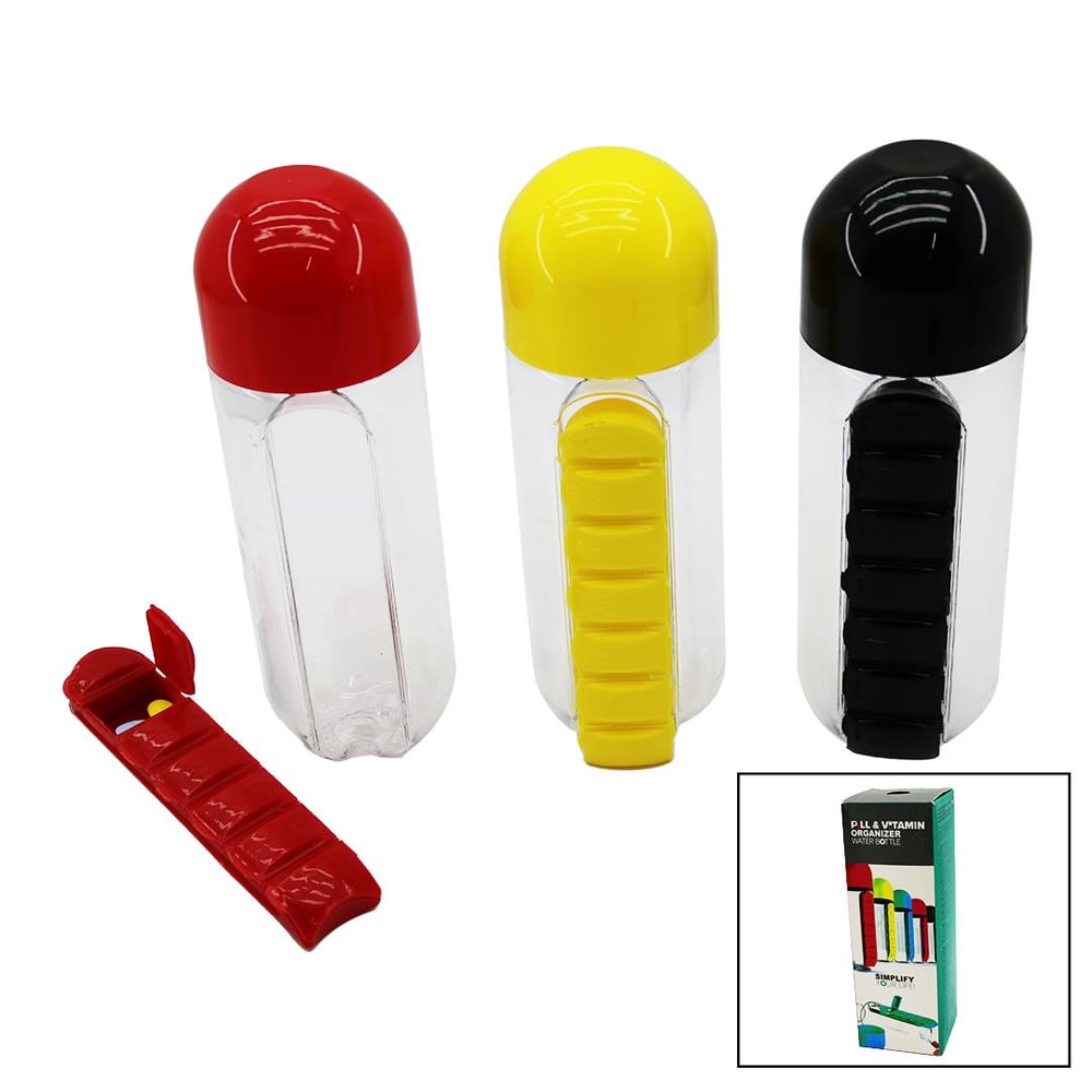 İLAÇ KUTULU PLASTİK SULUK MATARA RENKLİ BARDAK KAPAKLI 600ML (3936)