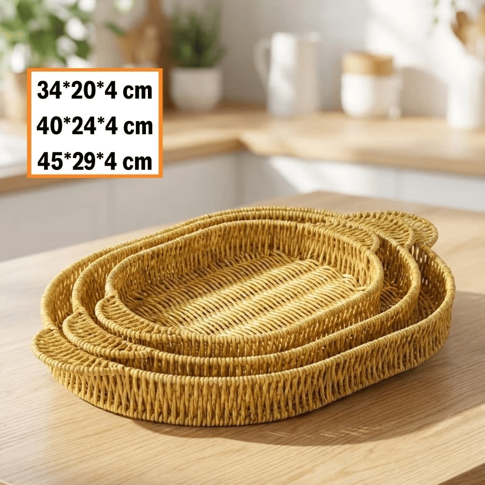 İç İçe Geçebilen 3’lü Oval plastik Rattan Tepsi Seti–hasır Görünümlü Çok Amaçlı Servis Ve Sunum Tepsileri Bx40