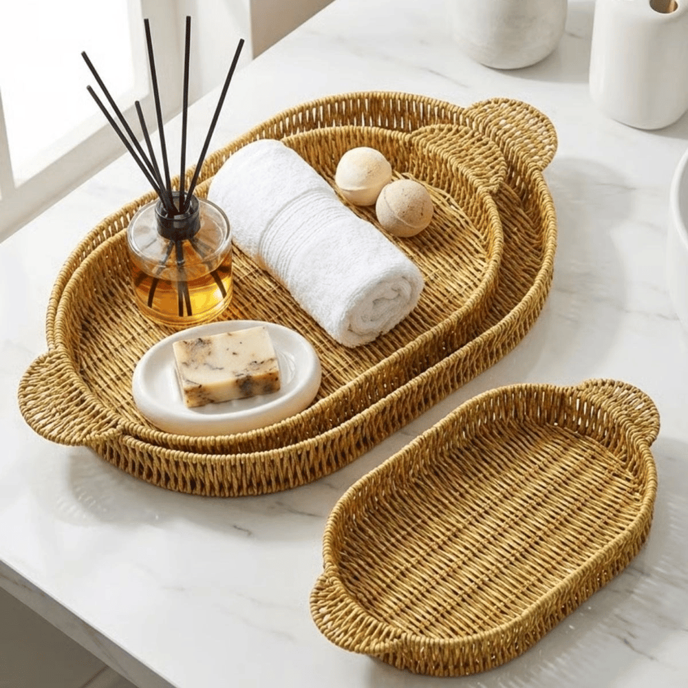 İç İçe Geçebilen 3’lü Oval plastik Rattan Tepsi Seti–hasır Görünümlü Çok Amaçlı Servis Ve Sunum Tepsileri Bx40