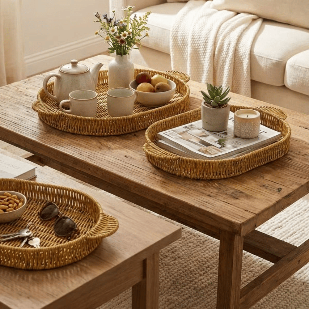 İç İçe Geçebilen 3’lü Oval plastik Rattan Tepsi Seti–hasır Görünümlü Çok Amaçlı Servis Ve Sunum Tepsileri Bx40