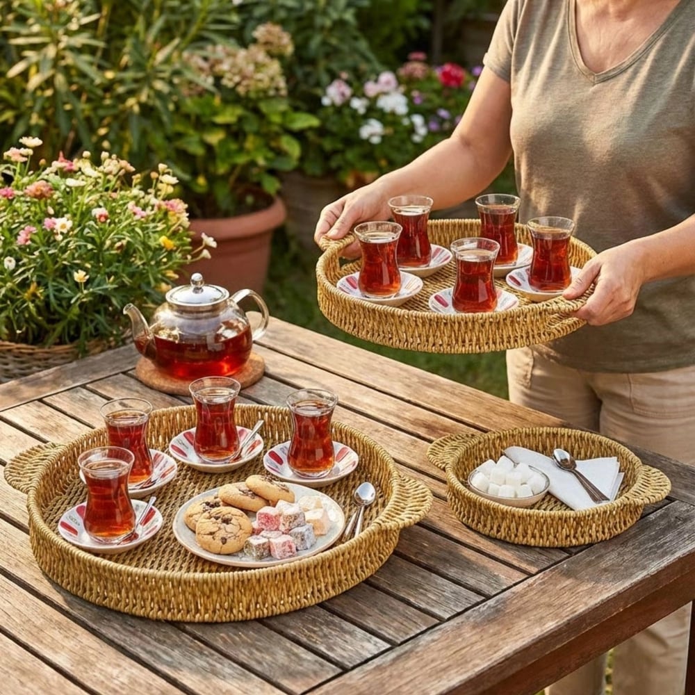 İç İçe Geçebilen 3’lü Yuvarlak Plastik Rattan Tepsi Seti–hasır Görünümlü Çok Amaçlı Servis Ve Sunum Tepsileri Bx40