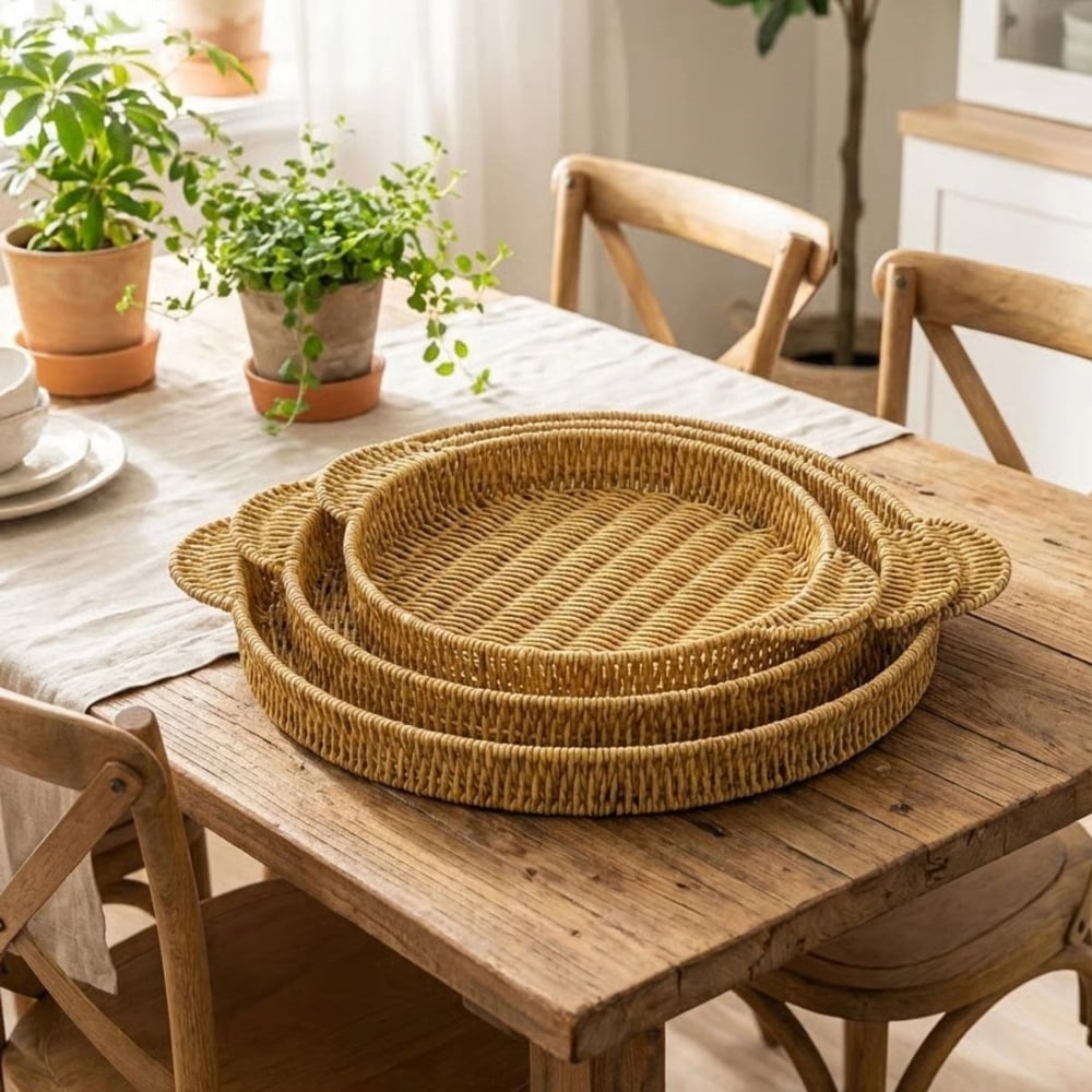 İç İçe Geçebilen 3’lü Yuvarlak Plastik Rattan Tepsi Seti–hasır Görünümlü Çok Amaçlı Servis Ve Sunum Tepsileri Bx40
