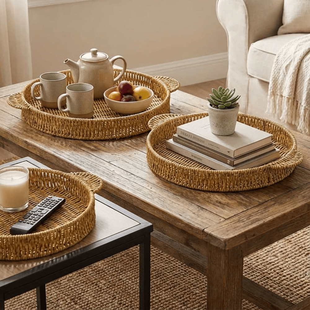 İç İçe Geçebilen 3’lü Yuvarlak Plastik Rattan Tepsi Seti–hasır Görünümlü Çok Amaçlı Servis Ve Sunum Tepsileri Bx40