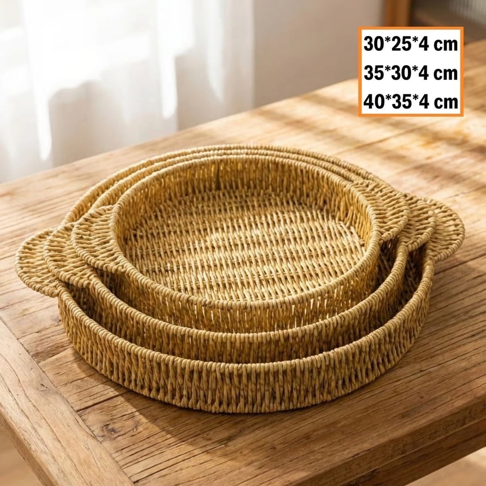İç İçe Geçebilen 3’lü Yuvarlak Plastik Rattan Tepsi Seti–hasır Görünümlü Çok Amaçlı Servis Ve Sunum Tepsileri Bx40