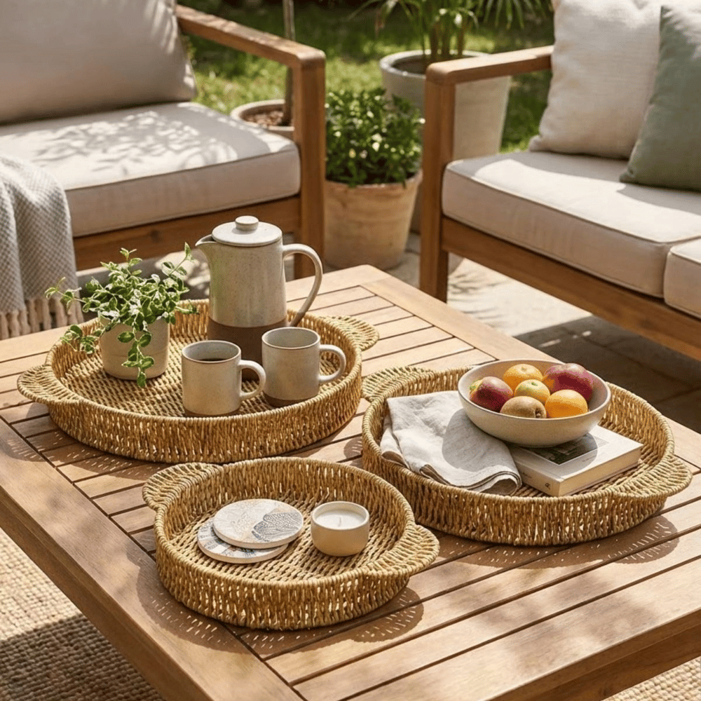 İç İçe Geçebilen 3’lü Yuvarlak Plastik Rattan Tepsi Seti–hasır Görünümlü Çok Amaçlı Servis Ve Sunum Tepsileri Bx40