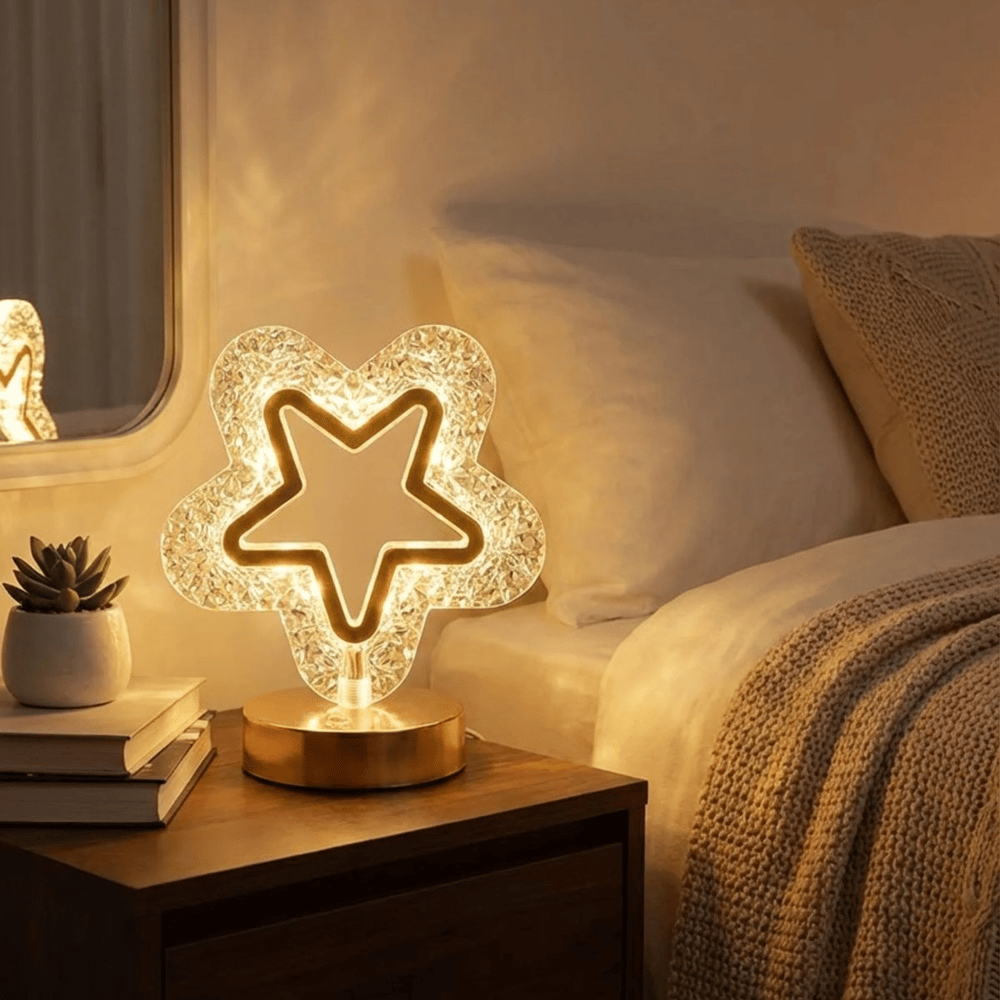 İçi Boş Yıldız Şeklinde Kristal Led Masa Lambası – Dokunmatik, 3 Renk Işık Modlu, Şarjlı Mini Dekoratif Gece Lambası Bx40