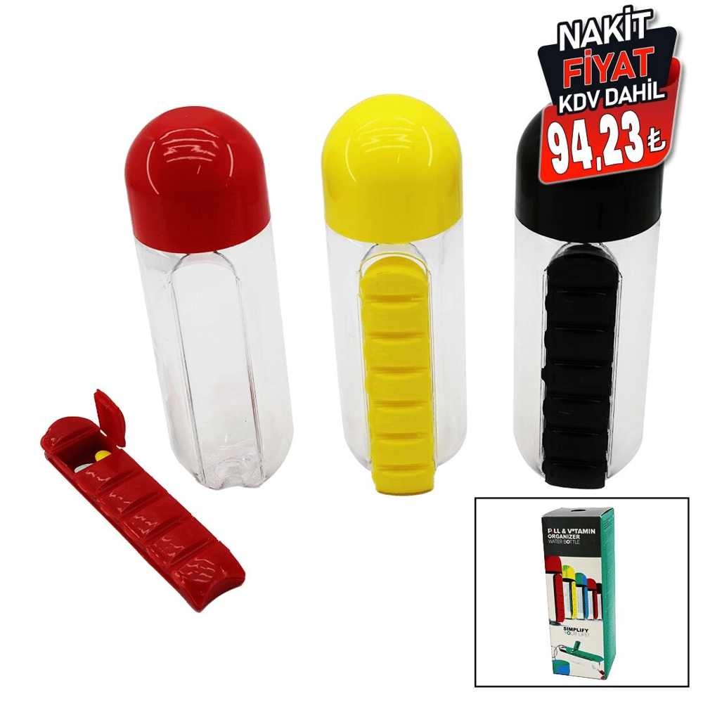 İlaç Kutulu Plastik Suluk Matara Renkli Bardak Kapaklı 600ml Bx40
