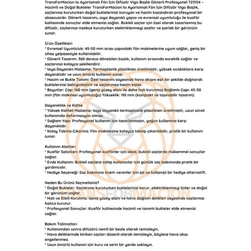 Isı Ayarlamalı Fön Için Difüzör Vigo Başlık Dönerli Profesyonel 721554