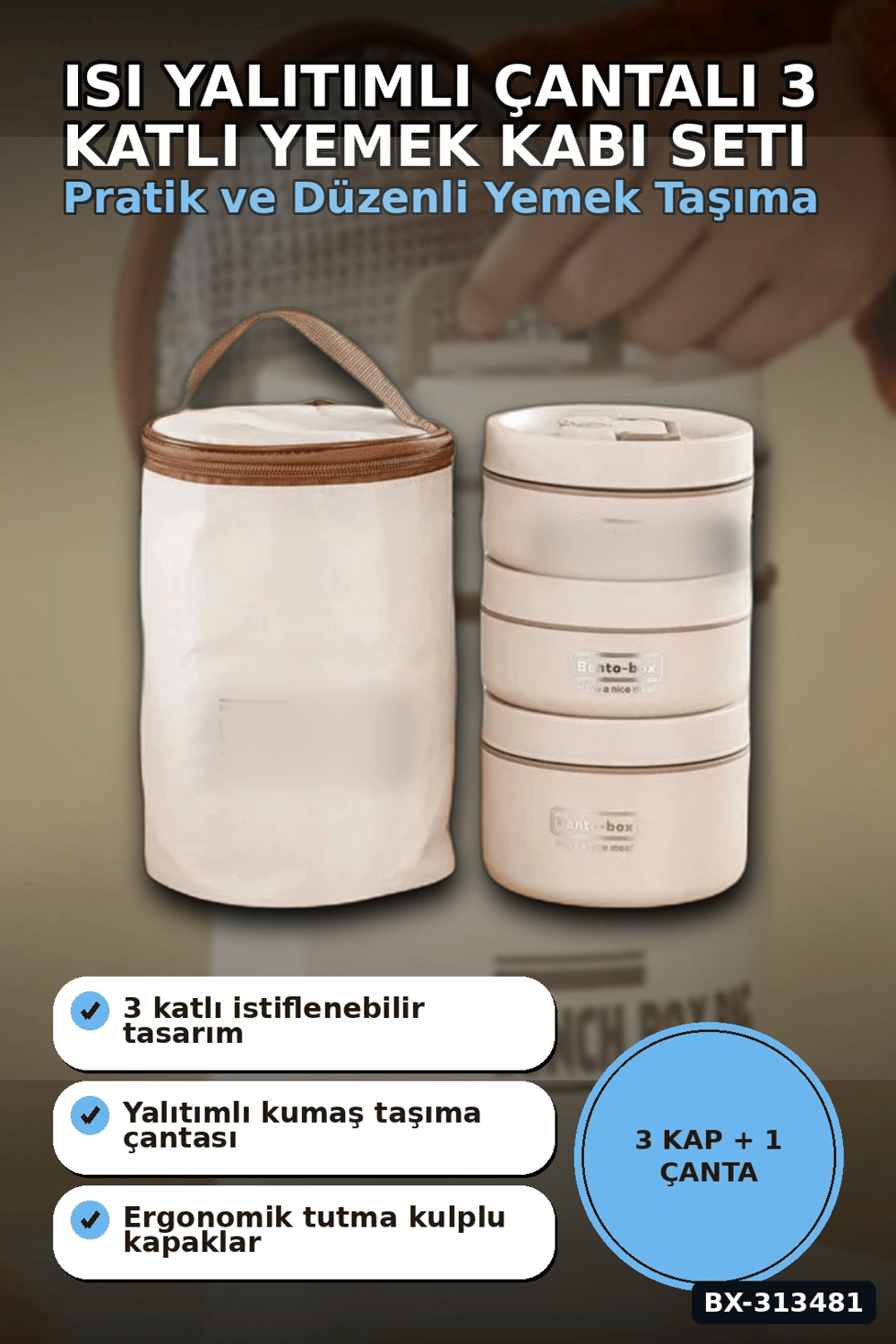 Isı Yalıtımlı Çantalı 3 Katlı Paslanmaz Çelik Yemek Kabı Seti 420-420-550 Ml BX-313481