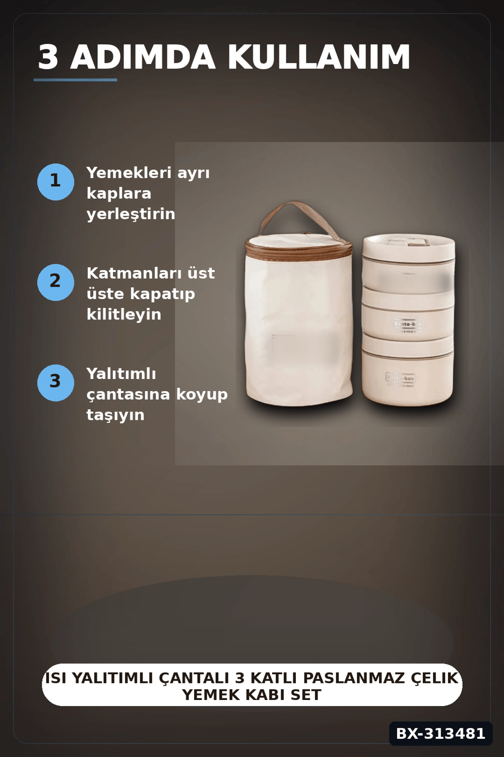Isı Yalıtımlı Çantalı 3 Katlı Paslanmaz Çelik Yemek Kabı Seti 420-420-550 Ml BX-313481