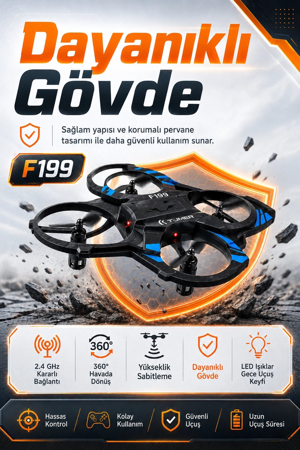 Işıklı Gövdeli Uzaktan Kumandalı Drone Oyuncak 360 Derece Takla Atabilen Uçuş Seti