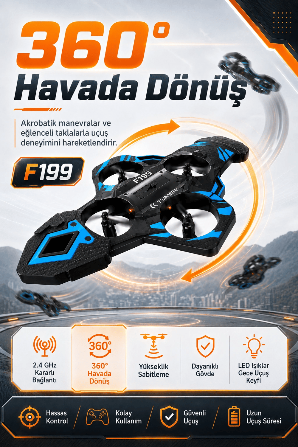 Işıklı Gövdeli Uzaktan Kumandalı Drone Oyuncak 360 Derece Takla Atabilen Uçuş Seti