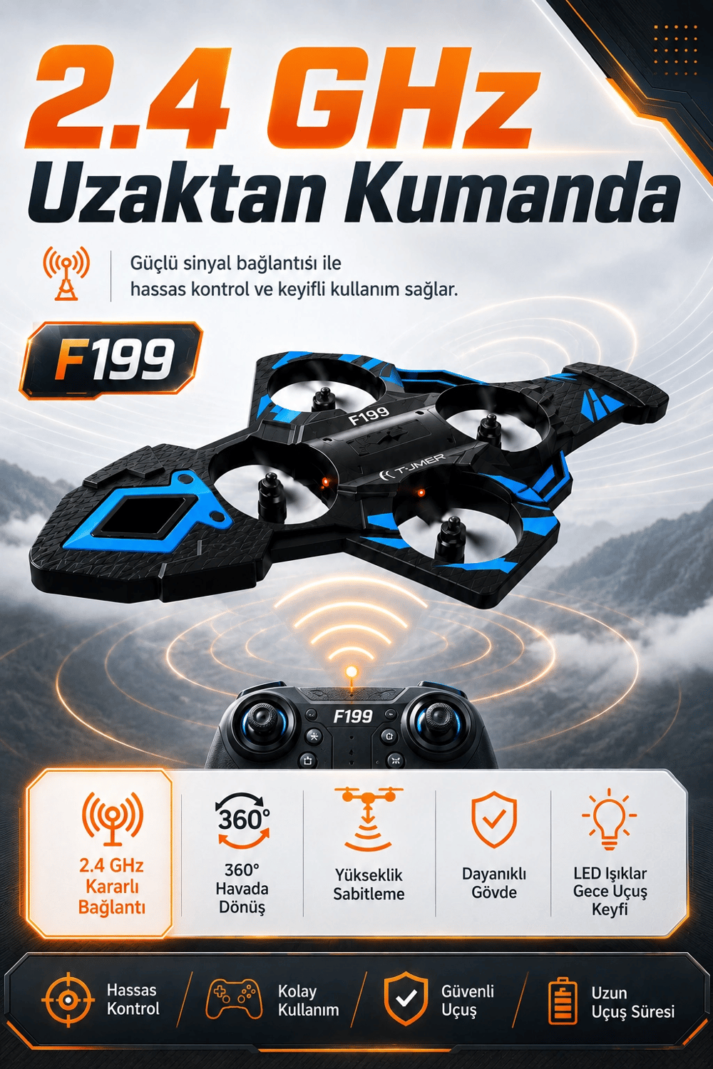 Işıklı Gövdeli Uzaktan Kumandalı Drone Oyuncak 360 Derece Takla Atabilen Uçuş Seti
