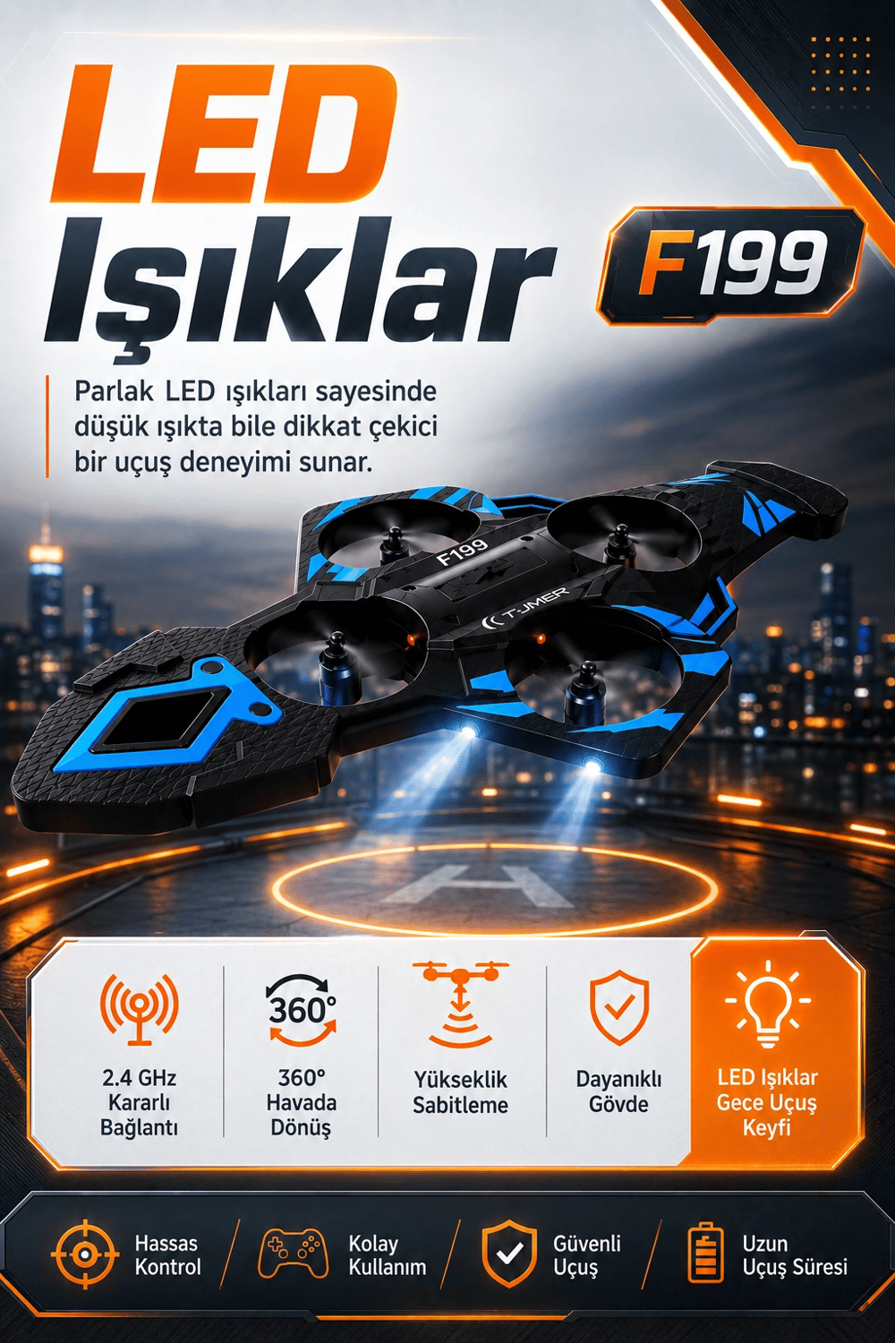 Işıklı Gövdeli Uzaktan Kumandalı Drone Oyuncak 360 Derece Takla Atabilen Uçuş Seti