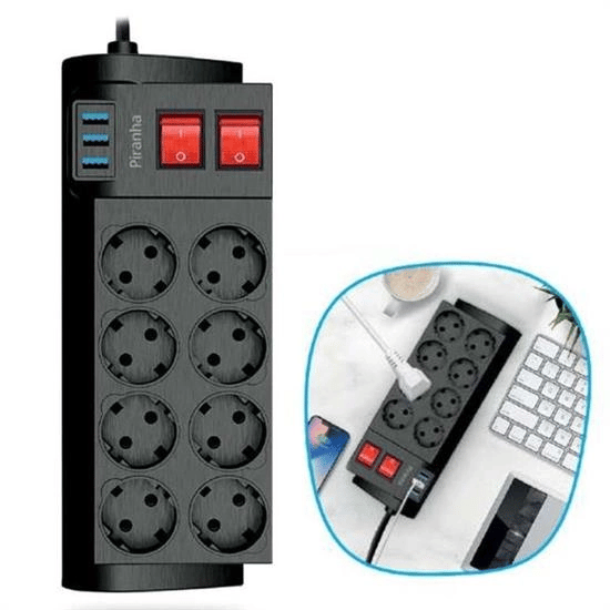 Isıya Dayanıklı Termal Akım Korumalı 2 Metre 16a 4000w 8li Priz Ve 3 Usb Li Uzatma Kablosu Bx40