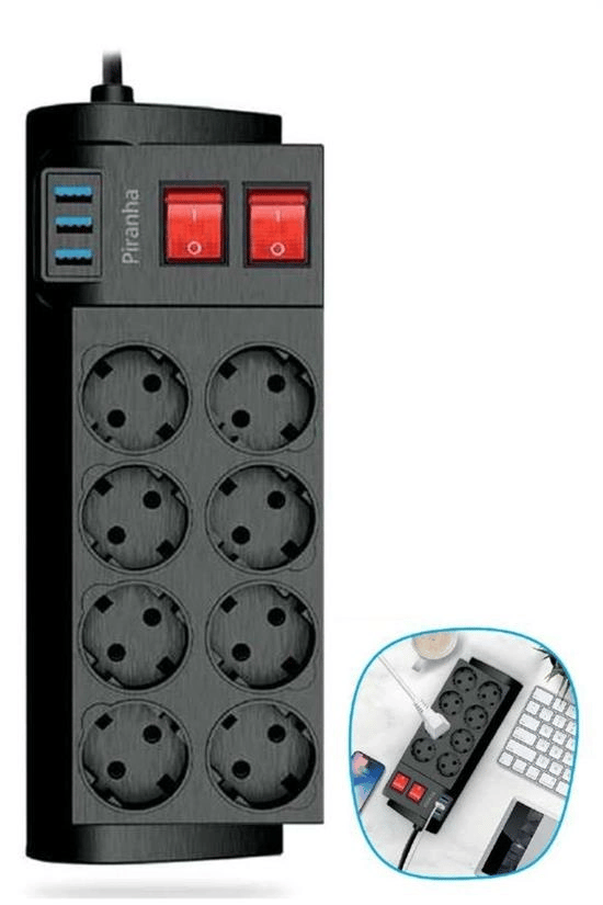 Isıya Dayanıklı Termal Akım Korumalı 2 Metre 16a 4000w 8li Priz Ve 3 Usb Li Uzatma Kablosu Bx40