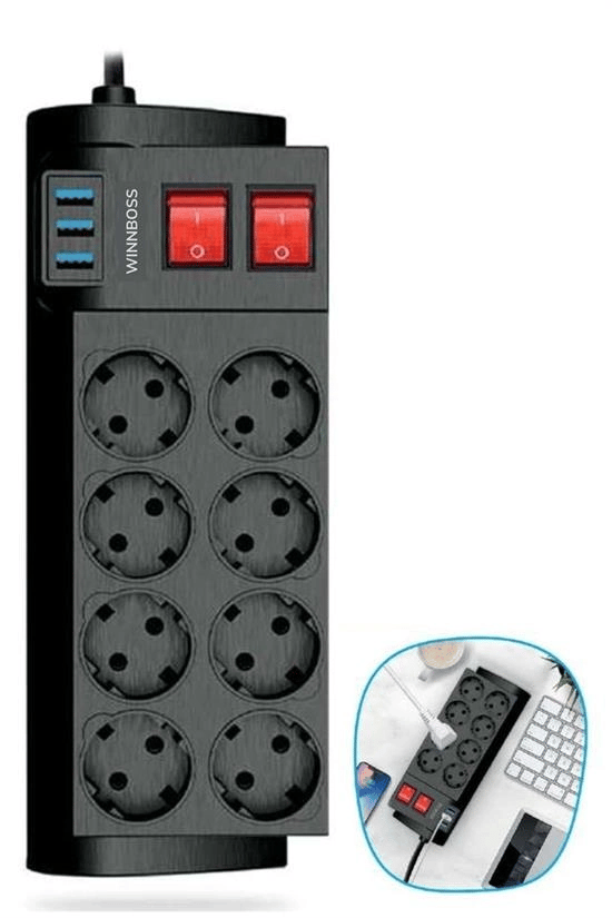 Isıya Dayanıklı Termal Akım Korumalı 2 Metre 16a 4000w 8li Priz Ve 3 Usb Li Uzatma Kablosu Bx40