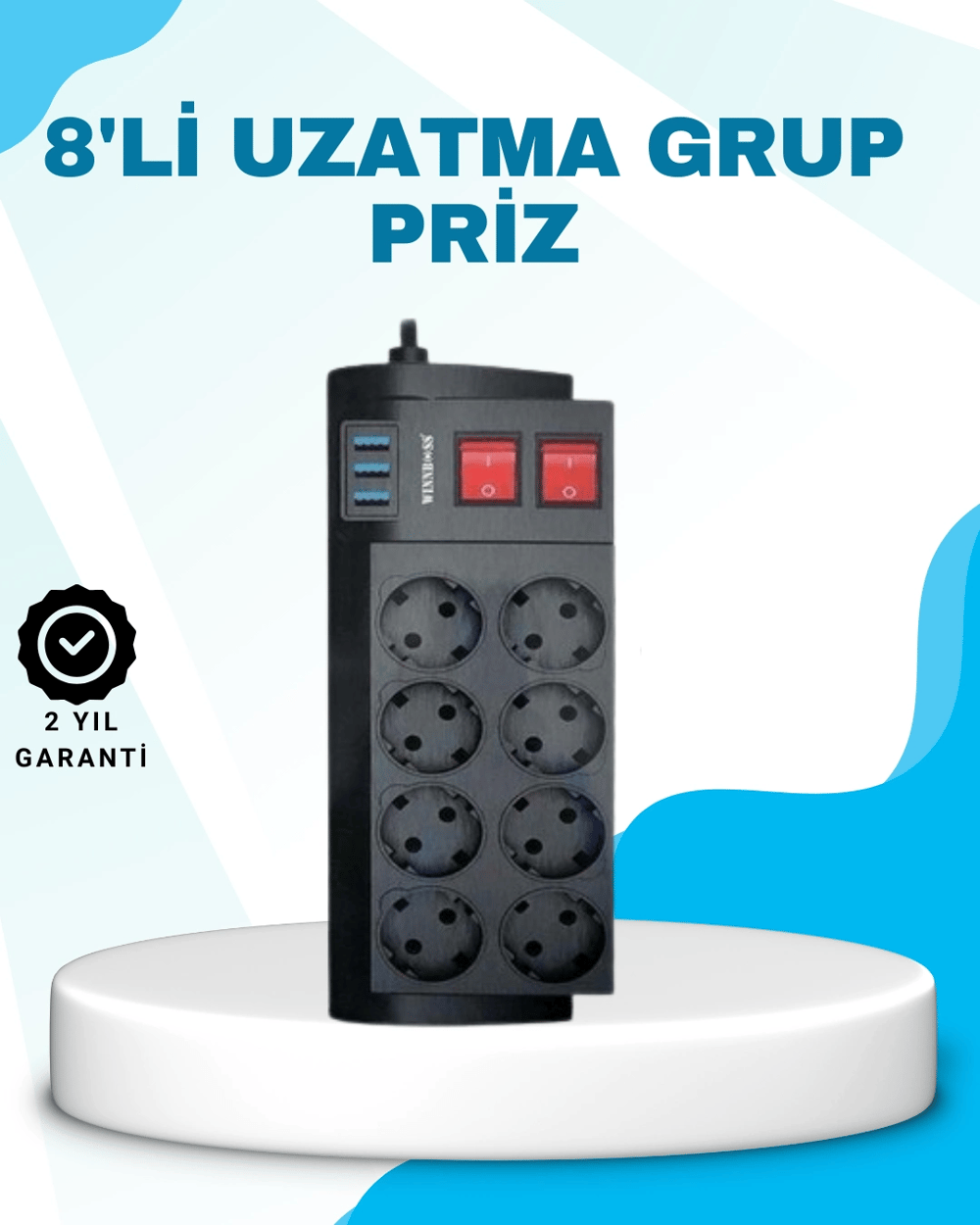 Isıya Dayanıklı Termal Akım Korumalı 8li Priz ve 3 USB Girişli Uzatma Kablosu