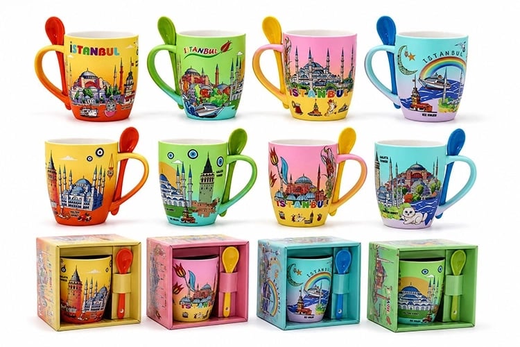 İstanbul Temalı Kaşıklı Porselen Kupa Bardak Alk5831