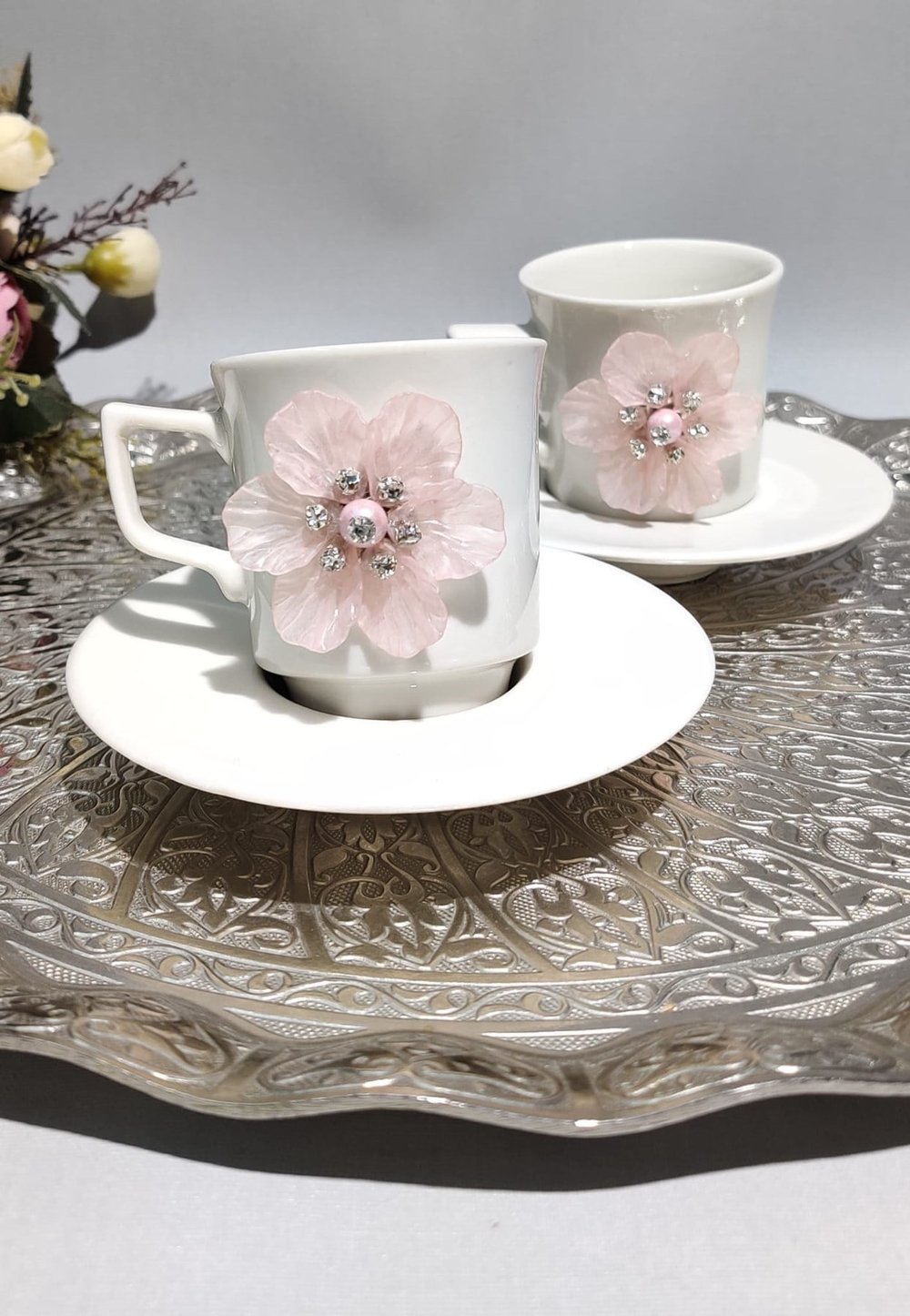 KİRLİNOVA® PEMBE ÇİÇEK PORSELEN 2Lİ FİNCAN