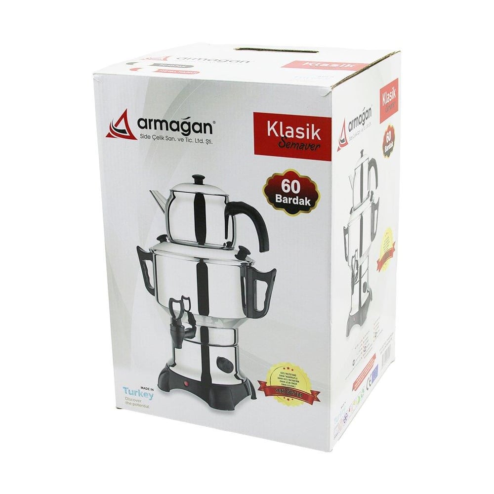 KLASİK ÇAY SETİ=DEMLİK - SU KAZANI ELEKTRİKLİ SEMAVER 60 BARDAK 6LT - TEK MUSLUK 1500W GİZLİ REZİSTANS (3936)