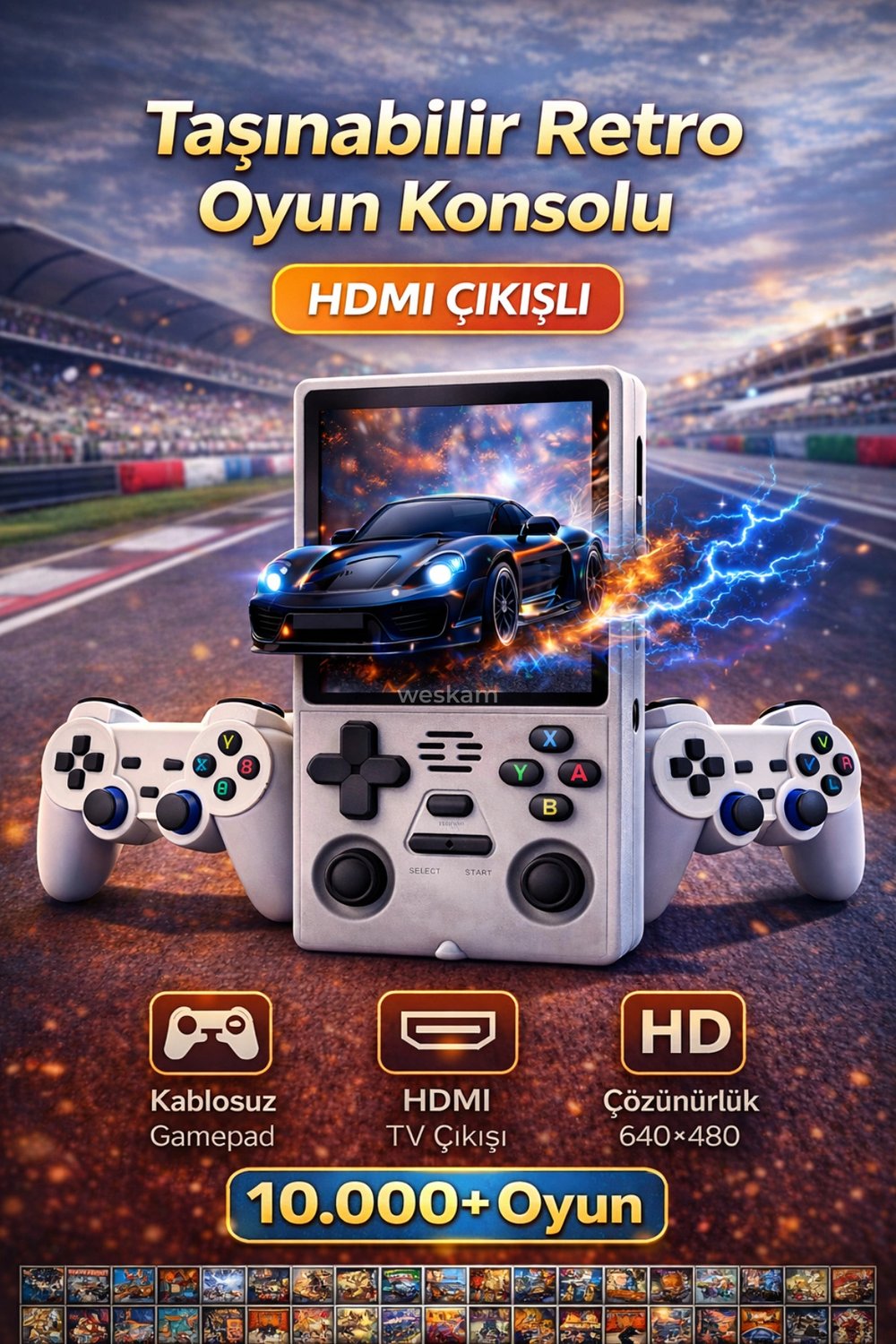 Kablosuz Bluetooth bağlantılı beyaz retro oyun konsolu TV uyumlu 10.000+ oyunlu - Elektronik