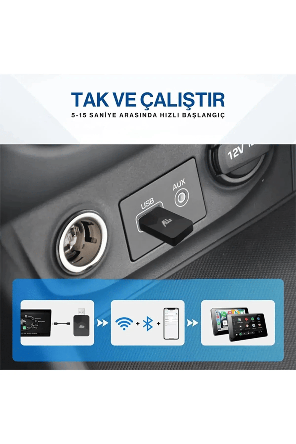 Kablosuz CarPlay & Android Auto Adaptörü - Apple ve Android Cihazlar İçin Evrensel Wireless Carplay Çevirici