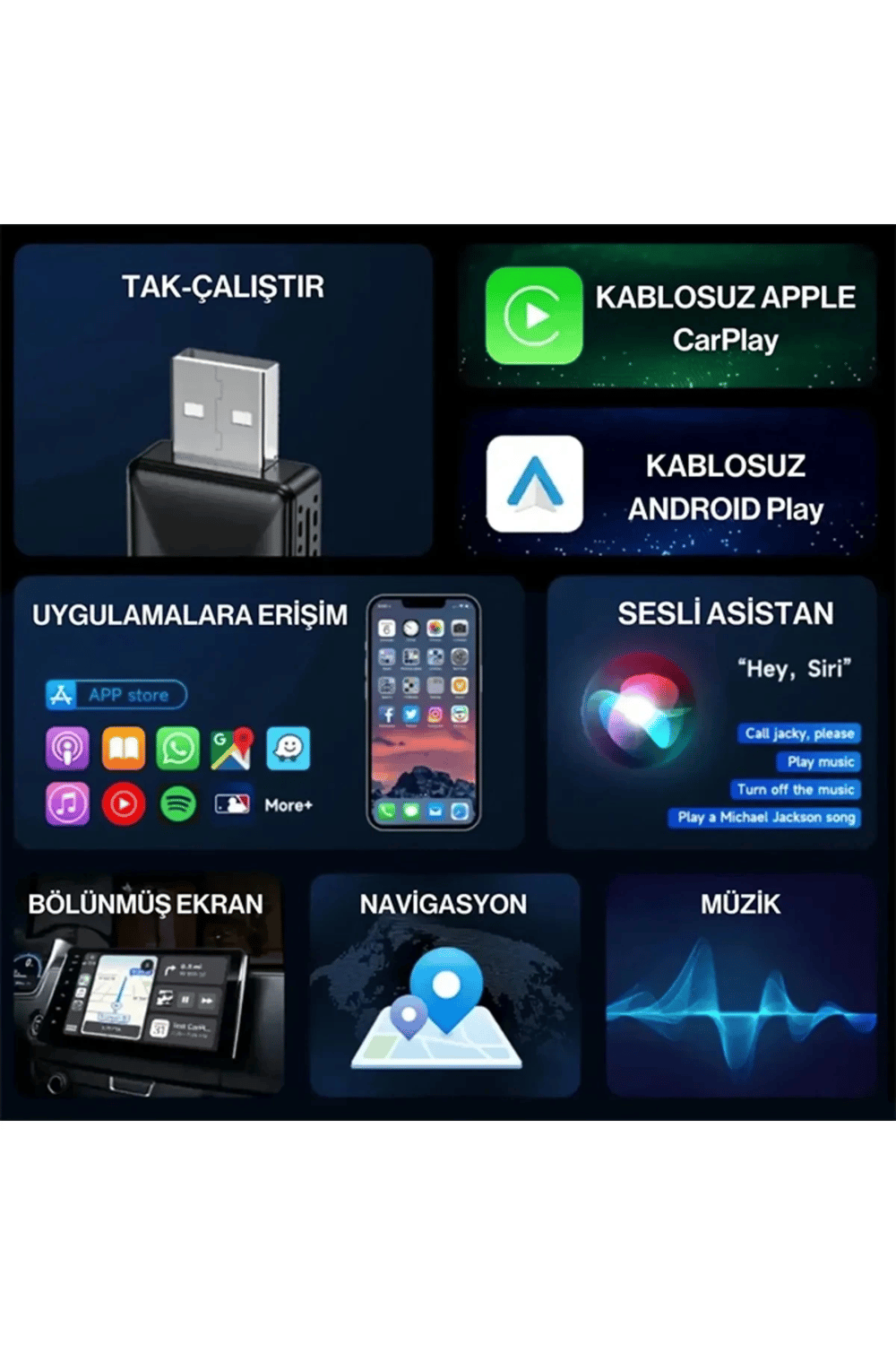 Kablosuz CarPlay & Android Auto Adaptörü - Apple ve Android Cihazlar İçin Evrensel Wireless Carplay Çevirici