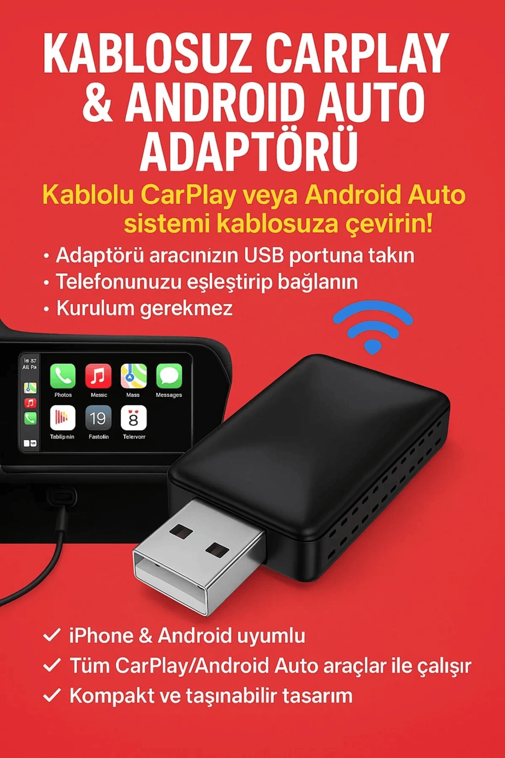Kablosuz CarPlay & Android Auto Adaptörü - Apple ve Android Cihazlar İçin Evrensel Wireless Carplay Çevirici