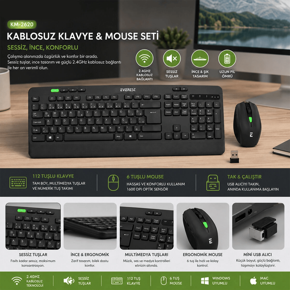 Kablosuz Klavye - Mouse Seti Siyah Usb - Sessiz - Switch Q Klavye Km-2620 Bx40