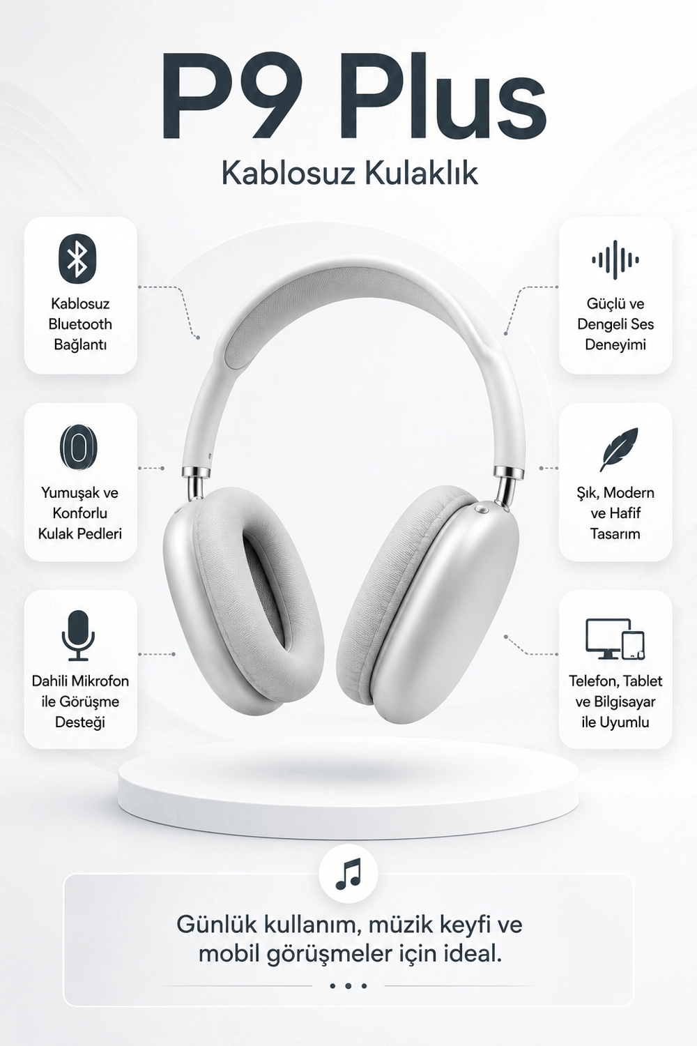Kablosuz Kulak Üstü Bluetooth Kulaklık Katlanabilir Tasarım Uzun Süreli Kullanım