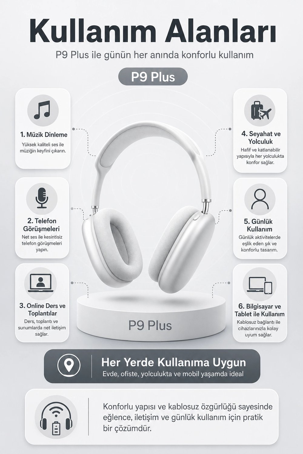 Kablosuz Kulak Üstü Bluetooth Kulaklık Katlanabilir Tasarım Uzun Süreli Kullanım
