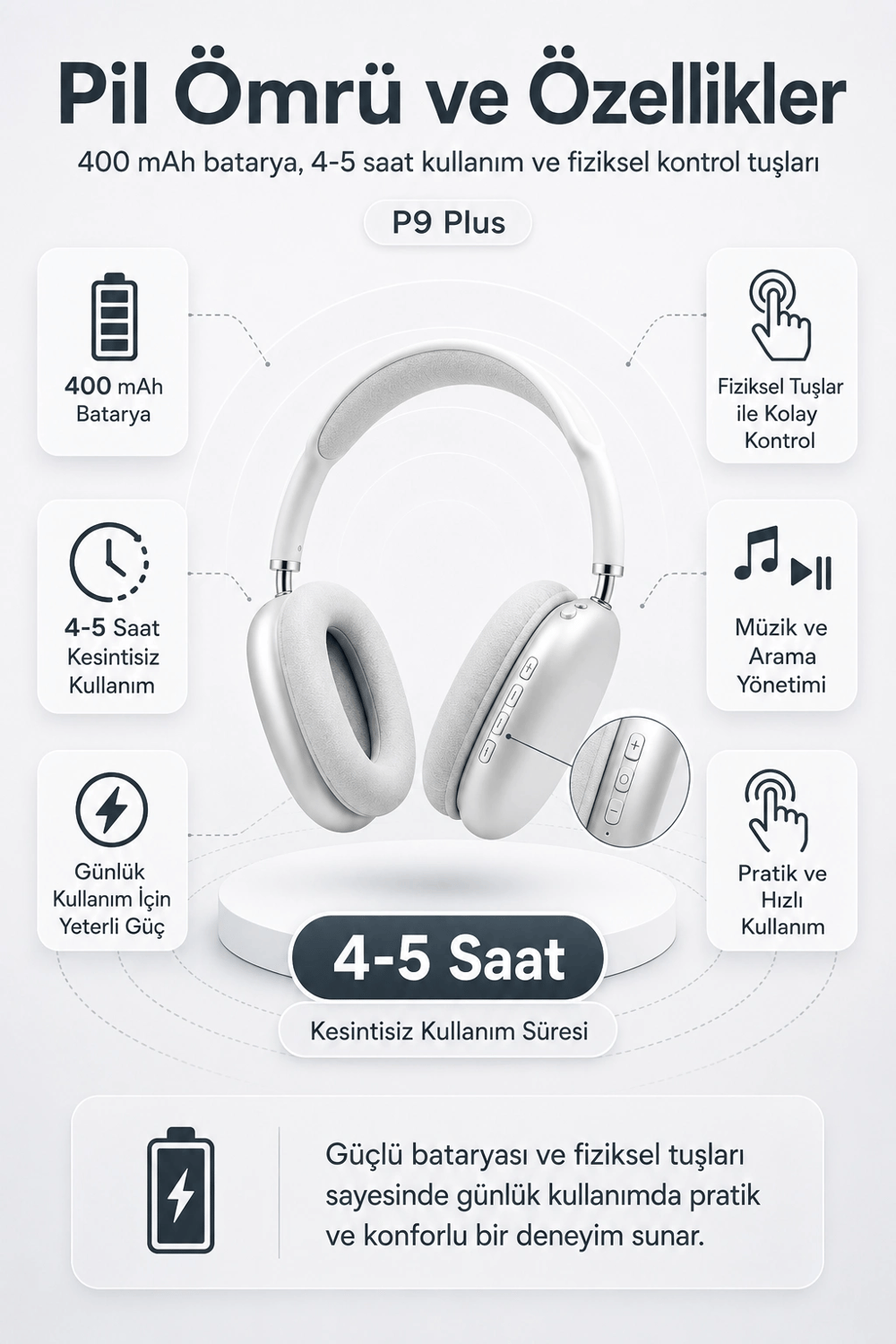 Kablosuz Kulak Üstü Bluetooth Kulaklık Katlanabilir Tasarım Uzun Süreli Kullanım