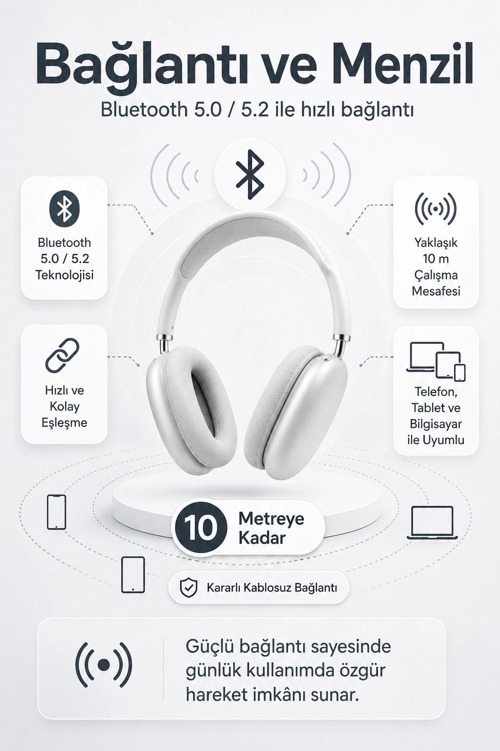 Kablosuz Kulak Üstü Bluetooth Kulaklık Katlanabilir Tasarım Uzun Süreli Kullanım