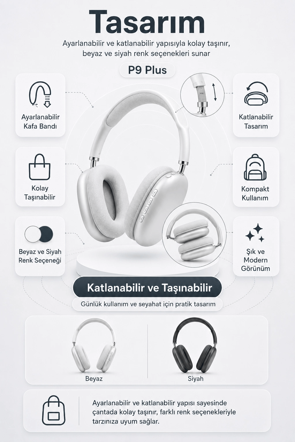 Kablosuz Kulak Üstü Bluetooth Kulaklık Katlanabilir Tasarım Uzun Süreli Kullanım
