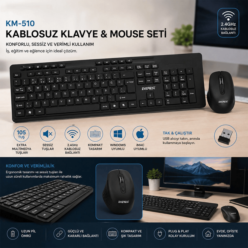 Kablosuz Multimedia Klavye - Mouse Seti Siyah Q Klavye Km-510 Bx40