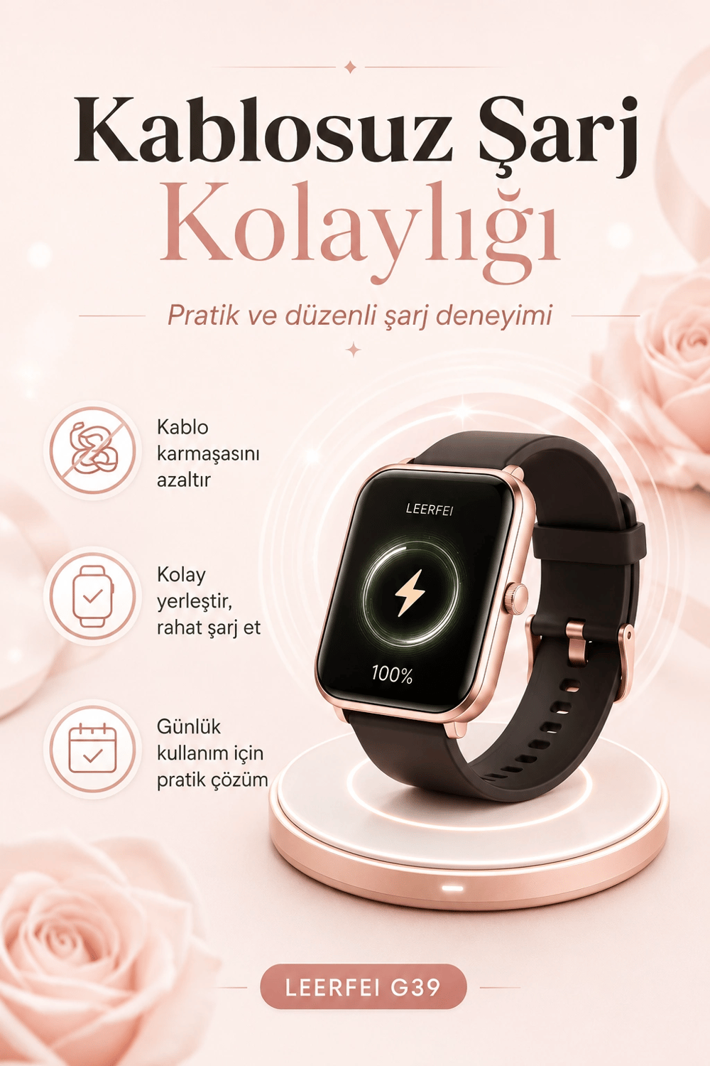 Kablosuz Şarj Destekli Rose Gold Akıllı Saat Dokunmatik Ekranlı Spor Takipli Model