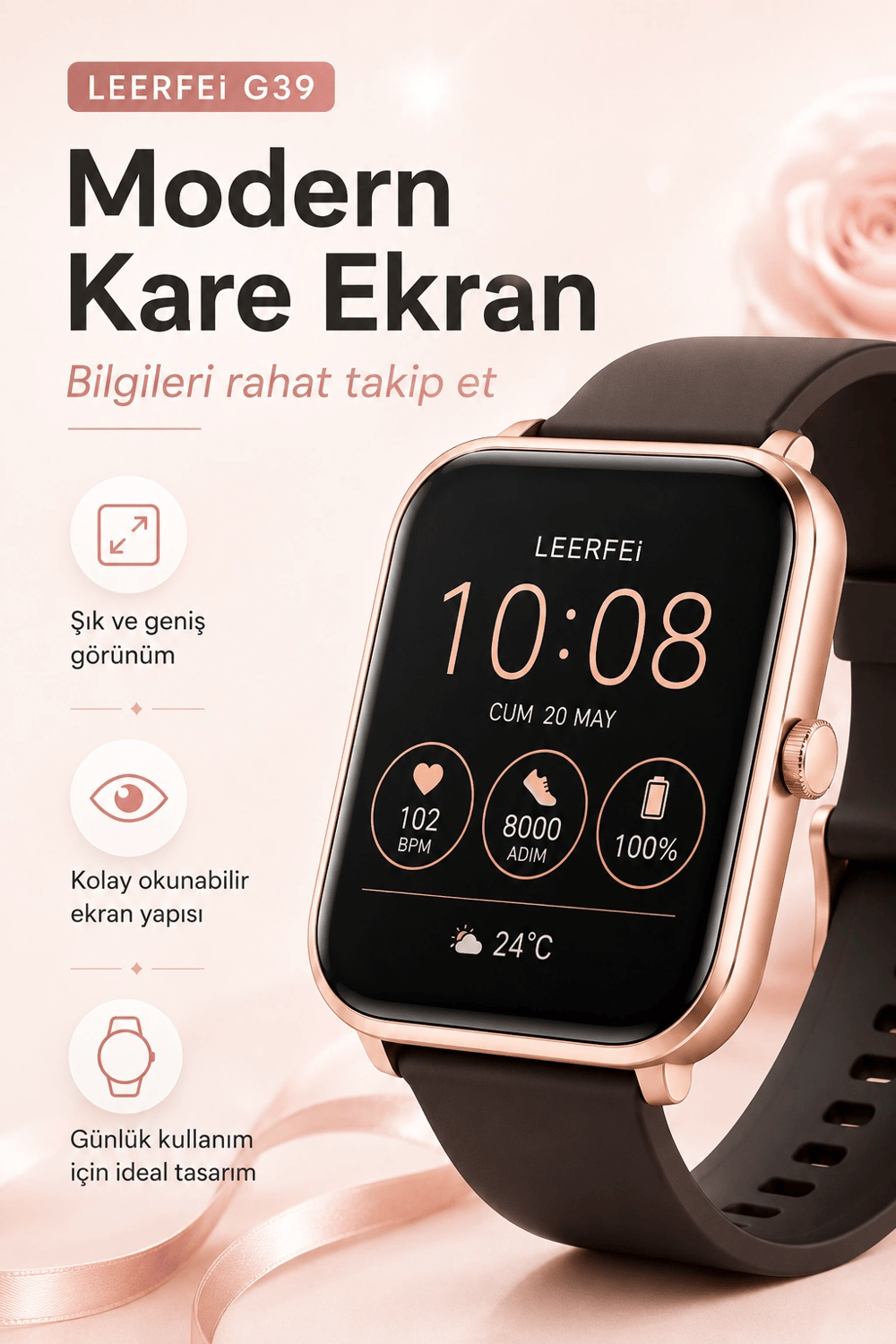 Kablosuz Şarj Destekli Rose Gold Akıllı Saat Dokunmatik Ekranlı Spor Takipli Model