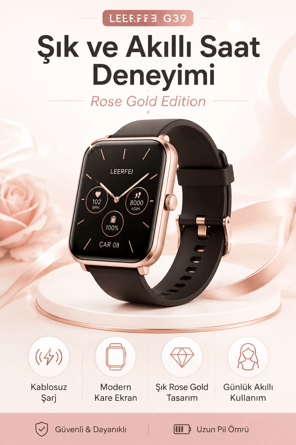Kablosuz Şarj Destekli Rose Gold Akıllı Saat Dokunmatik Ekranlı Spor Takipli Model