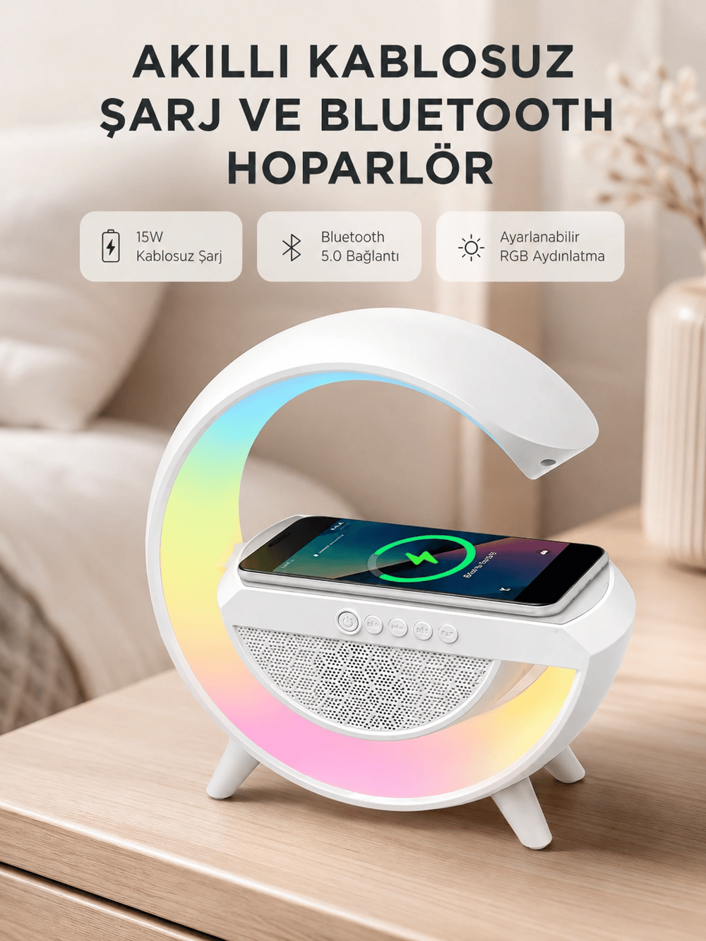 Kablosuz Şarjlı Bluetooth Hoparlör ve Gece Lambası – NFC, FM Radyo, RGB Işık