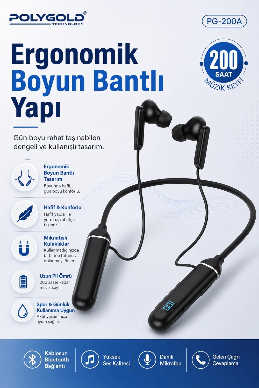 Kablosuz Stereo Spor Boyun Askılı Kulaklık 200 Saat Müzik Süreli Mikrofonlu