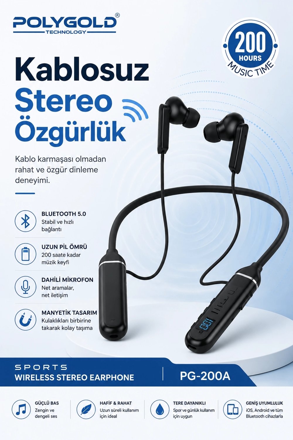 Kablosuz Stereo Spor Boyun Askılı Kulaklık 200 Saat Müzik Süreli Mikrofonlu