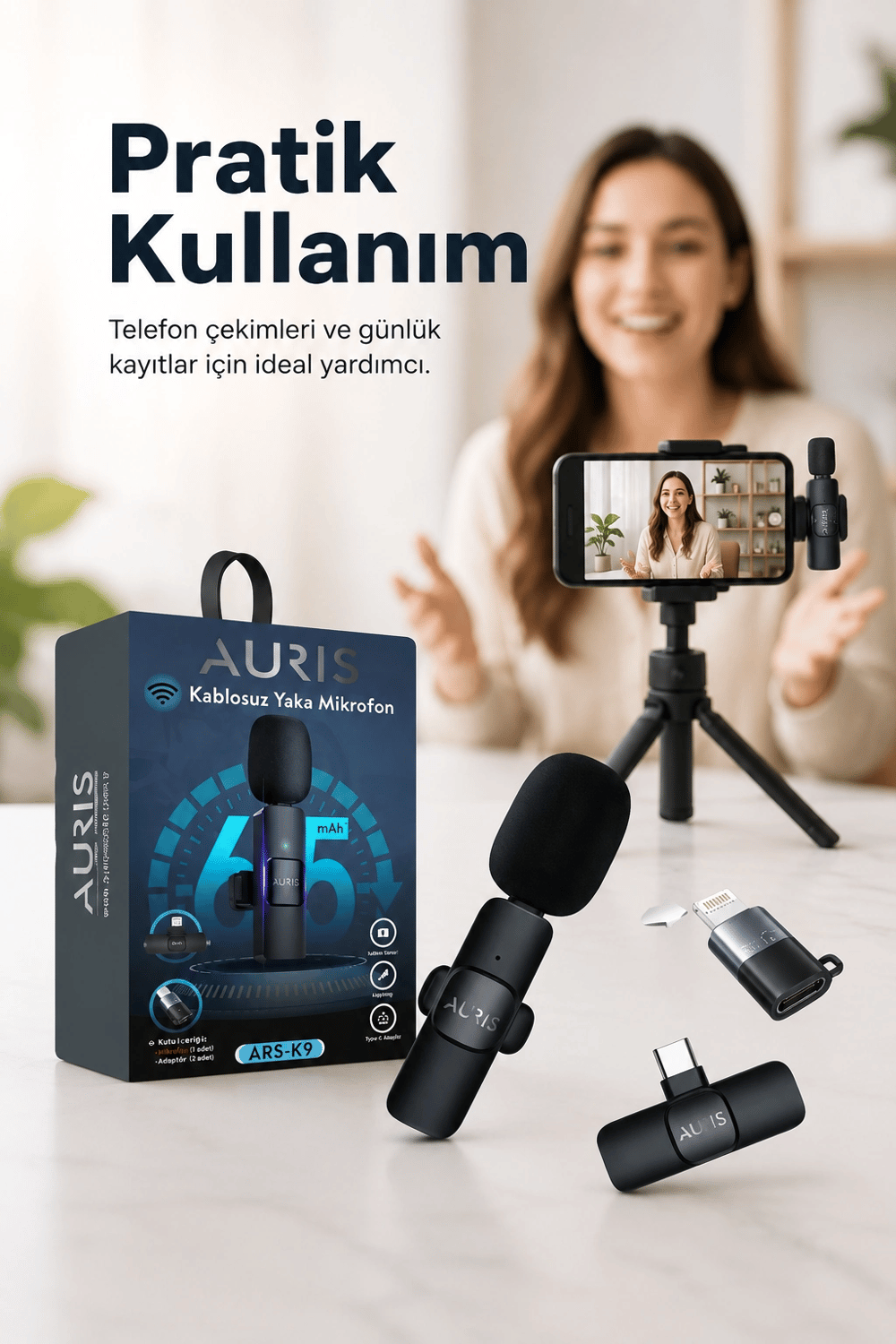 Kablosuz Yaka Mikrofonu Telefon İçin USB-C Lightning Adaptörlü Kompakt Kayıt Cihazı