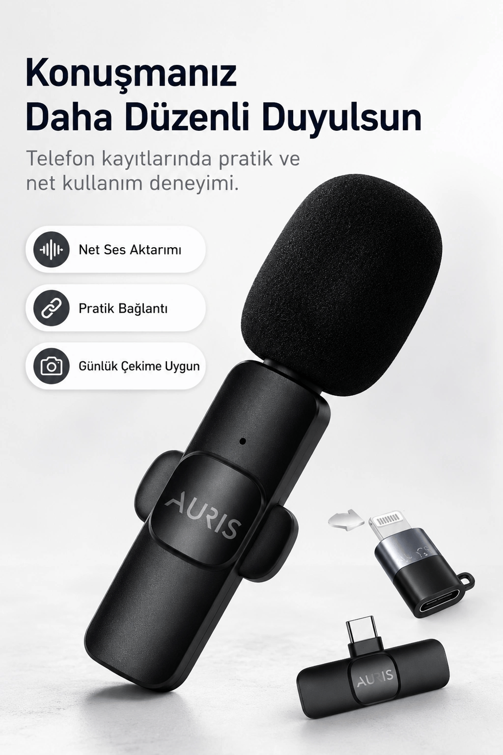 Kablosuz Yaka Mikrofonu Telefon İçin USB-C Lightning Adaptörlü Kompakt Kayıt Cihazı