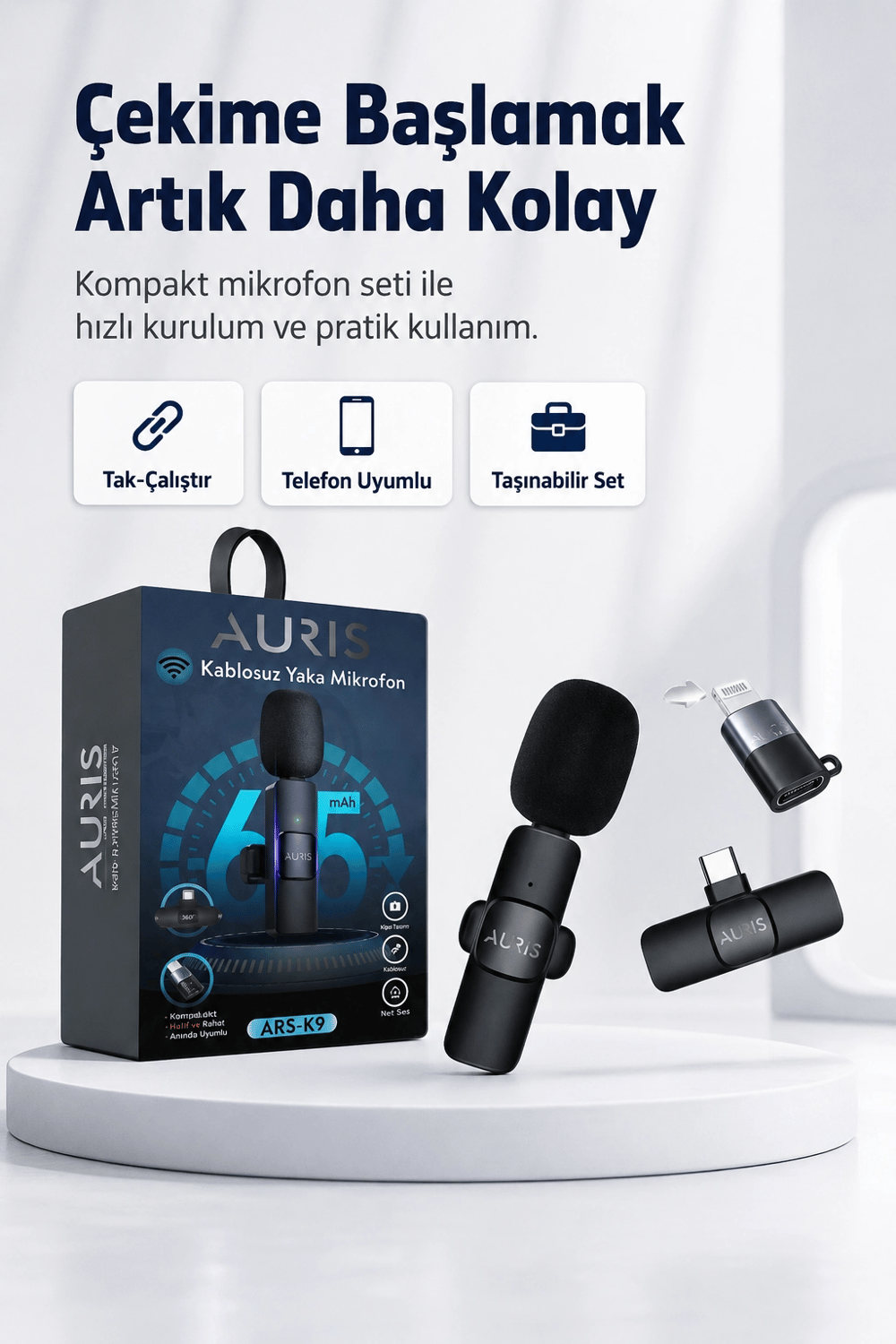 Kablosuz Yaka Mikrofonu Telefon İçin USB-C Lightning Adaptörlü Kompakt Kayıt Cihazı