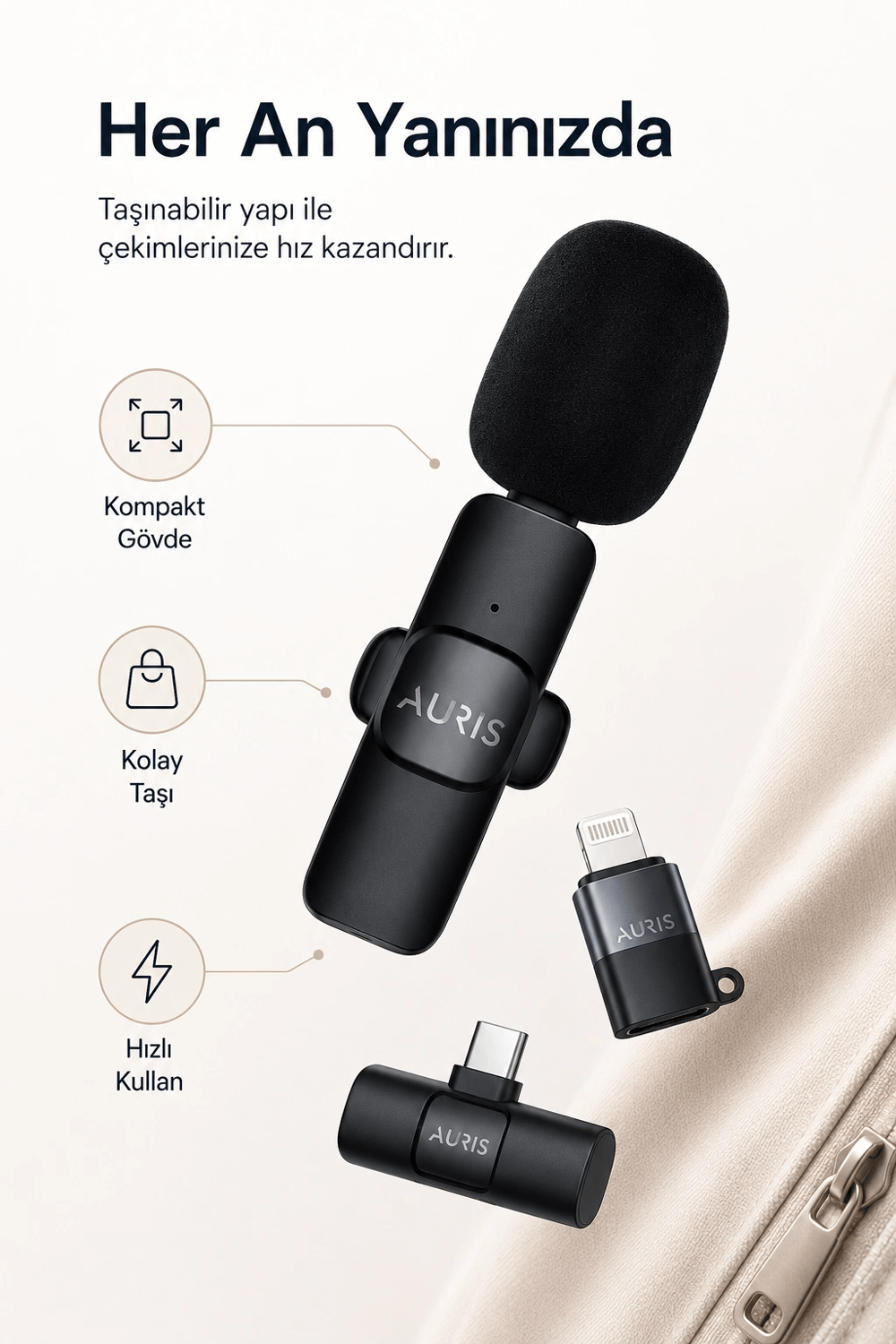 Kablosuz Yaka Mikrofonu Telefon İçin USB-C Lightning Adaptörlü Kompakt Kayıt Cihazı