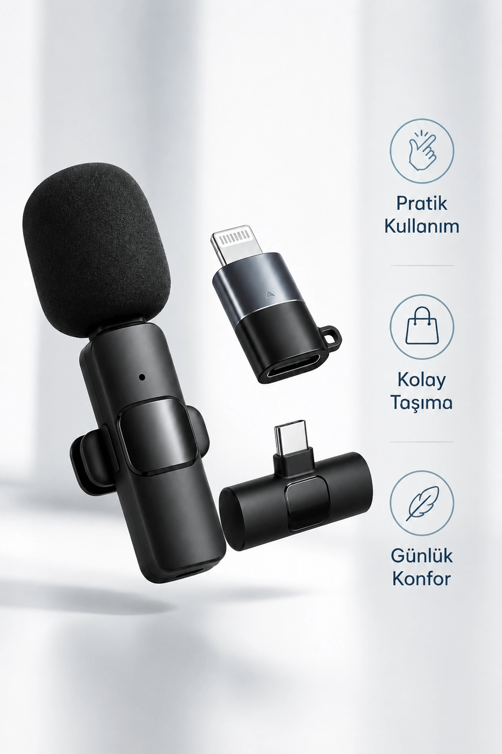 Kablosuz Yaka Mikrofonu Type-C ve Lightning Uyumlu Şarjlı Klipsli Ses Kayıt Mikrofonu