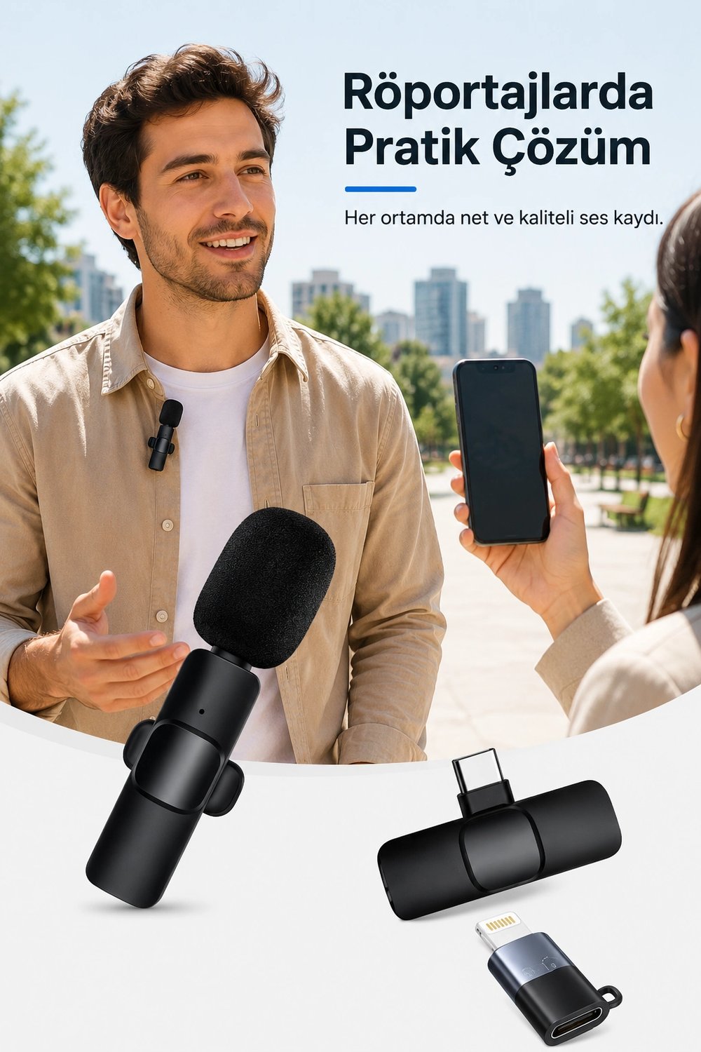 Kablosuz Yaka Mikrofonu USB-C Lightning Uyumlu Tak Çalıştır Telefon Video Ses Kayıt Seti