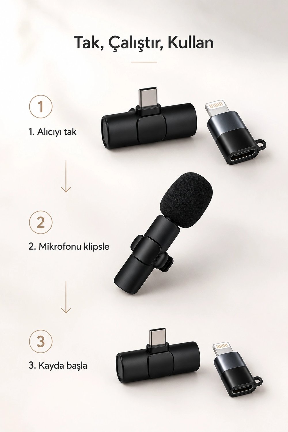 Kablosuz Yaka Mikrofonu USB-C ve Lightning Uyumlu Tak Çalıştır Telefon Kayıt Mikrofonu